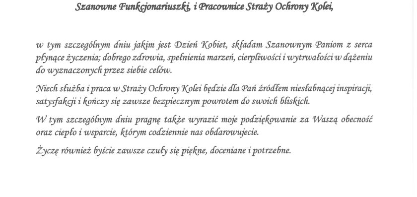 Życzenia od Komendanta Głównego Straży Ochrony Kolei z okazji Dnia Kobiet