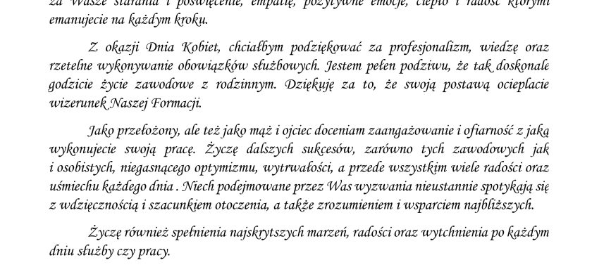 Życzenia Komendanta Głównego Straży Ochrony Kolei z okazji Dnia Kobiet