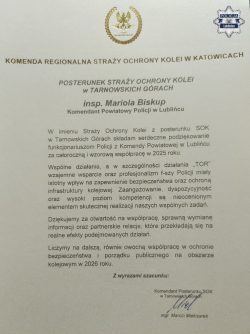 Policyjna odprawa roczna w Lublińcu z udziałem przedstawiciela Straży Ochrony kolei
