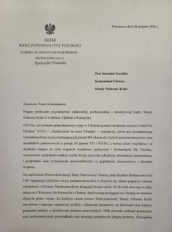 List z podziękowaniami dla Straży Ochrony Kolei